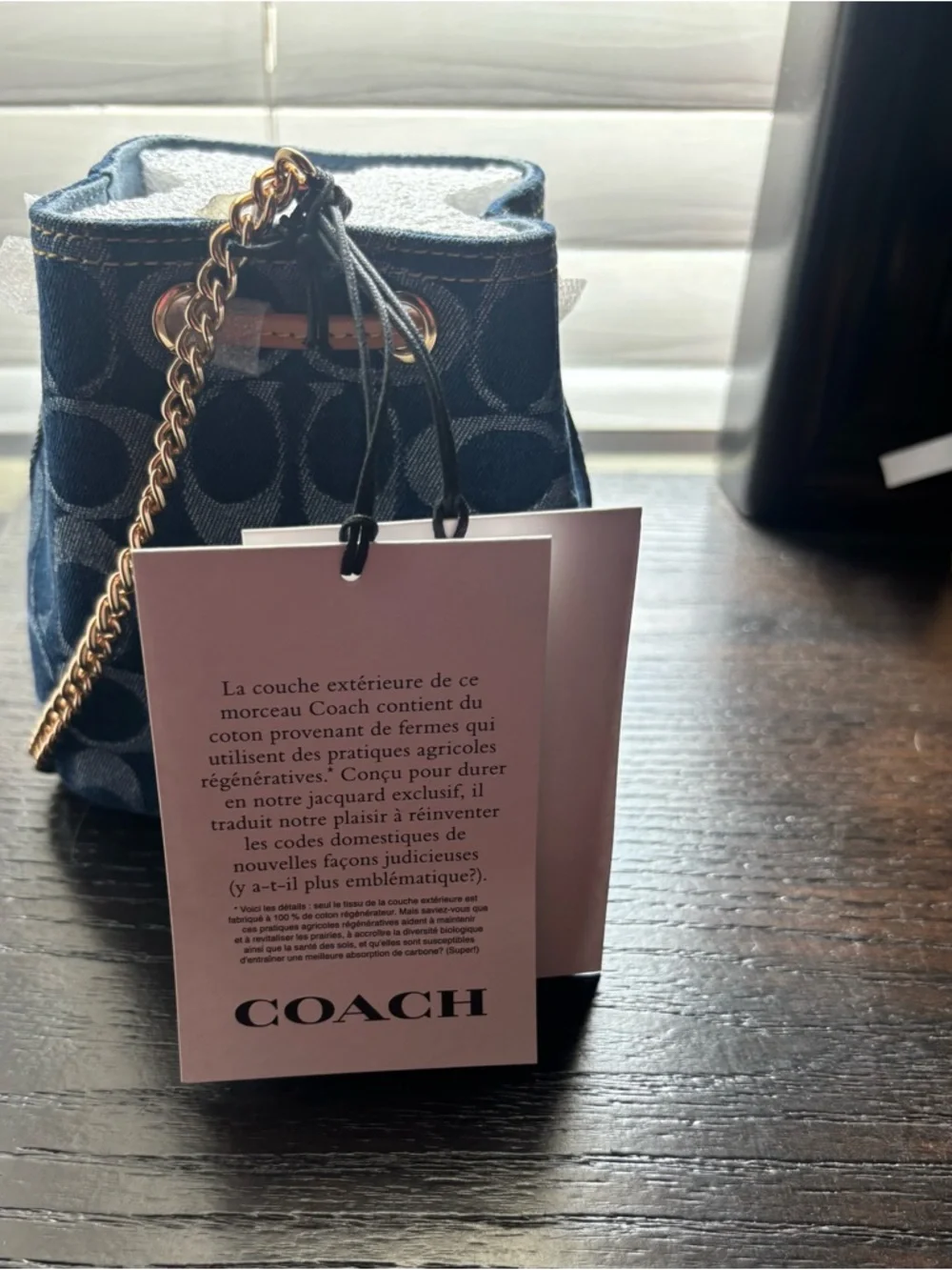 Coach Signature Denim Drawstring Wristlet
Navy Mini Bucket Bag with Gold Chain - Picture 2 of 10